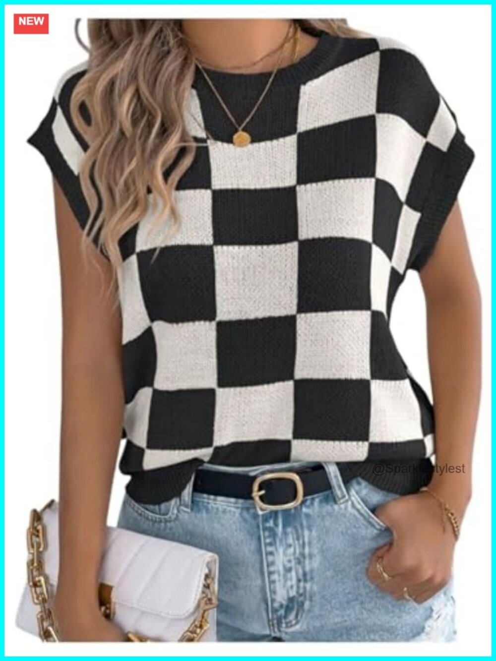 Plaid Checkered Sweater Vest Crew Neck Sleeveless Knit Top